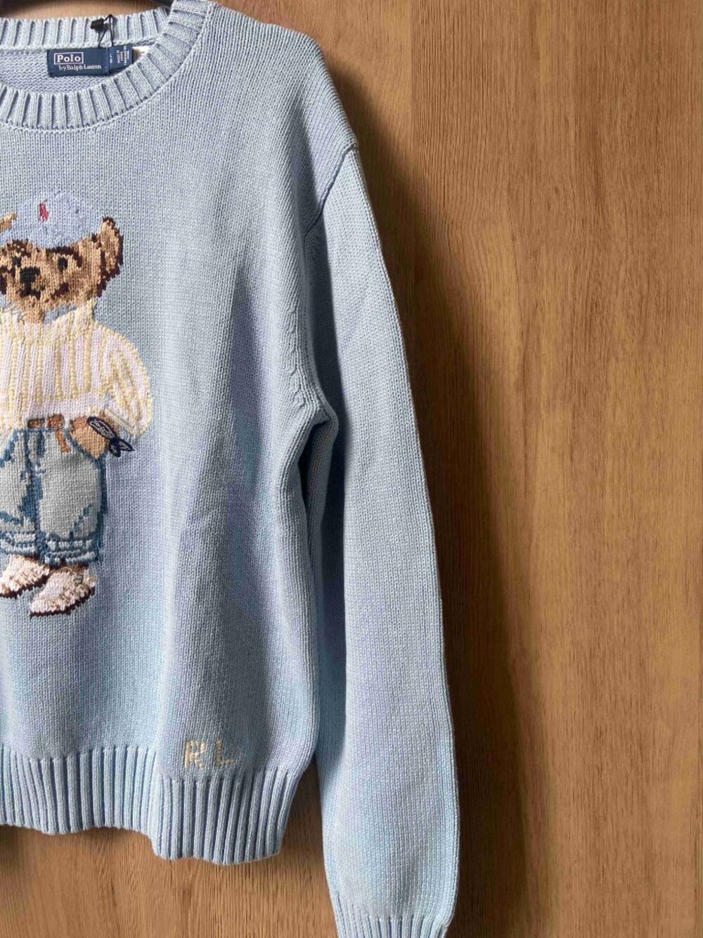 Polo Ralph Lauren Embroidered Bear Knit Jumper Light Blue Crewneck Sweater - Picture 4 of 8